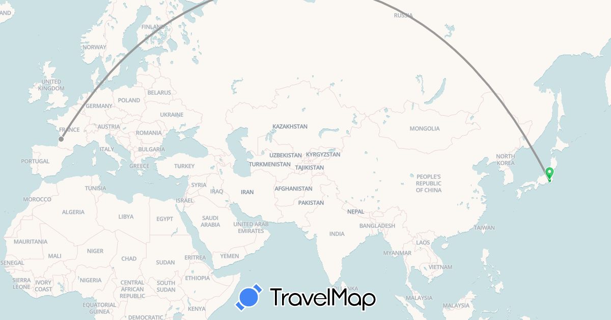TravelMap itinerary: driving, bus, plane, train in France, Japan (Asia, Europe)